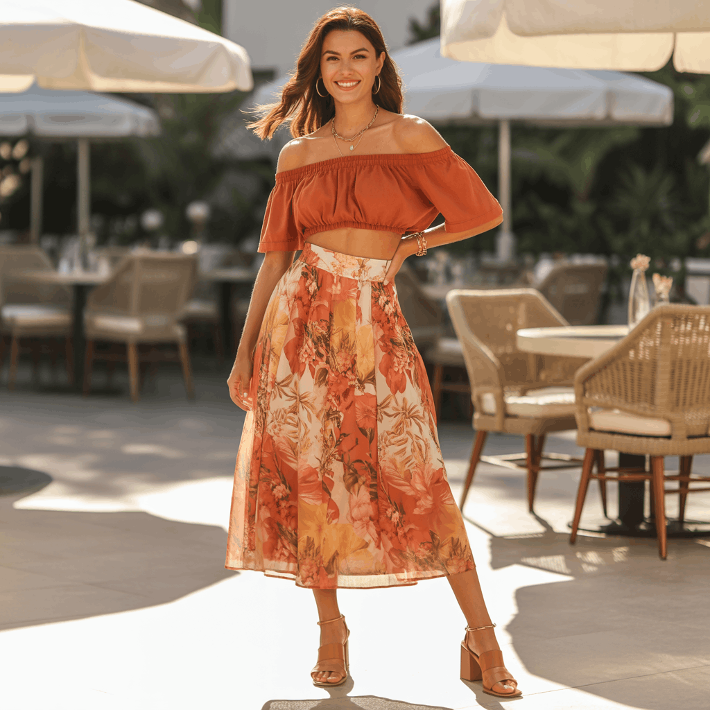 31 Cinco de Mayo Outfits Women Will Love (Because Life's Too Short to Wear Boring Colors) 9 Woman wearing an off-shoulder warm-toned crop top with a high-waisted floral midi skirt, styled for a festive and effortless daytime Cinco de Mayo outfit