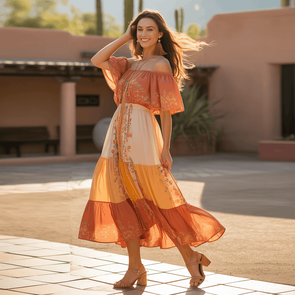 35 Cinco de Mayo Outfit Women Guide: Dress for Your Vibe, Not Just the Holiday 5 Cinco de Mayo Outfit Women Guide featuring an off-shoulder tiered floral dress, long tassel earrings, and tan block-heeled sandals for a festive boho party look