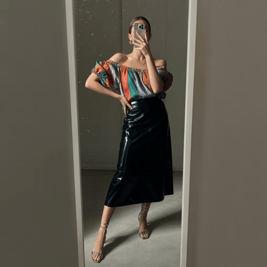 35 Cinco de Mayo Outfit Women Guide: Dress for Your Vibe, Not Just the Holiday 31 Woman wearing a bold off-shoulder top with a black or deep red vinyl midi skirt, strappy heels, and a matching bold lip for a sleek edgy party look