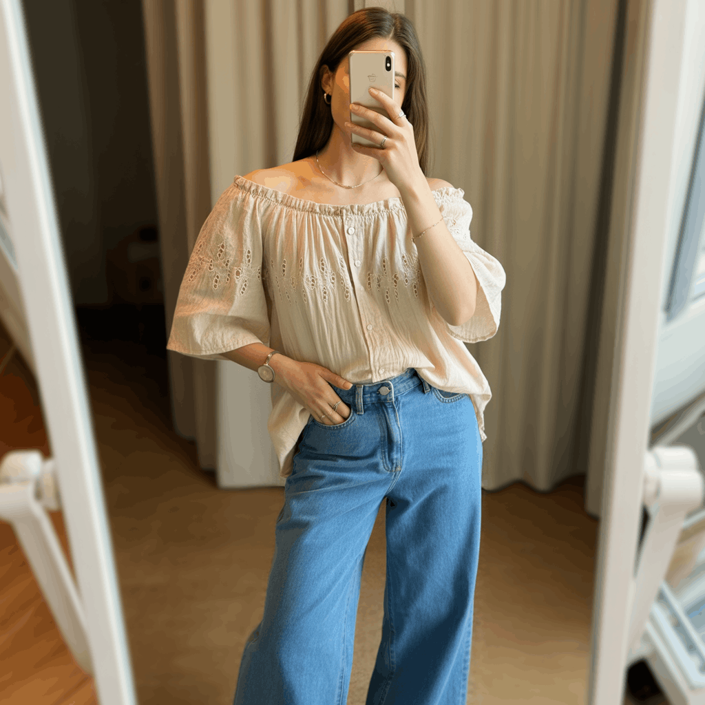 Cinco de Mayo outfit for women featuring an off-the-shoulder peasant top with eyelet or embroidery detail, high-waisted wide-leg jeans, and embroidered mules for a casual yet chic festive look