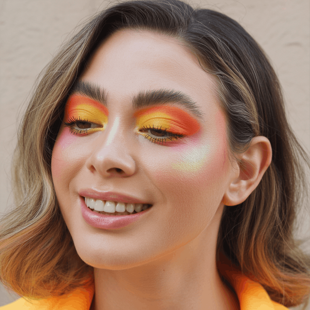 Close-up of a woman wearing a citrus ombre eye with yellow, orange, and coral shadow, white shimmer on the brow bone, and a bright joyful makeup look