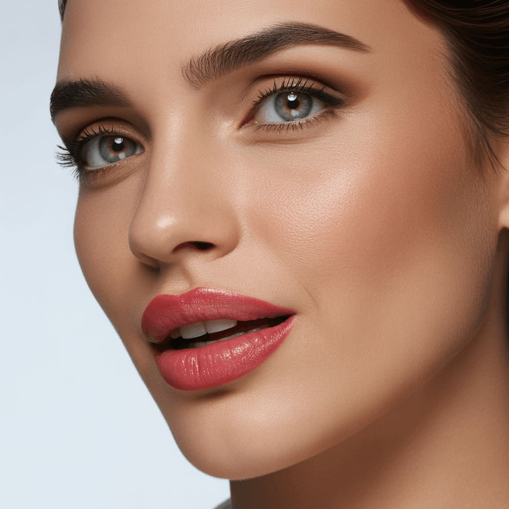Close-up of a woman wearing a coral-to-deep-red ombre lip with softly blended fiesta tones and a dimensional gradient finish.