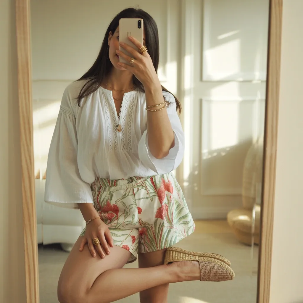 Peasant blouse paired with floral shorts, espadrille flats, stacked rings, and cohesive colorful accessories for a breezy casual festive look.
