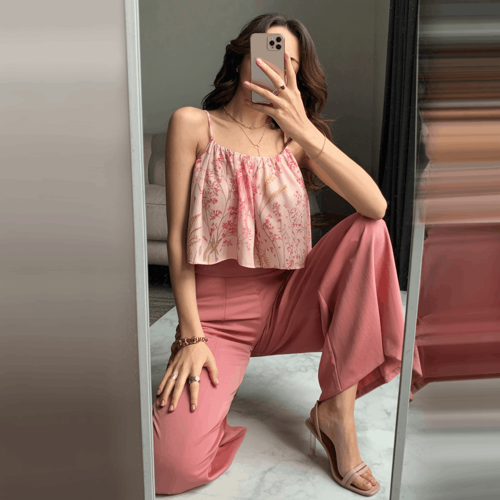 35 Cinco de Mayo Outfit Women Guide: Dress for Your Vibe, Not Just the Holiday 12 Cinco de Mayo Outfit Women Guide featuring a pink floral crop top, wide-leg pink trousers, barely-there heeled sandals, and gold jewelry for a chic monochromatic festive look