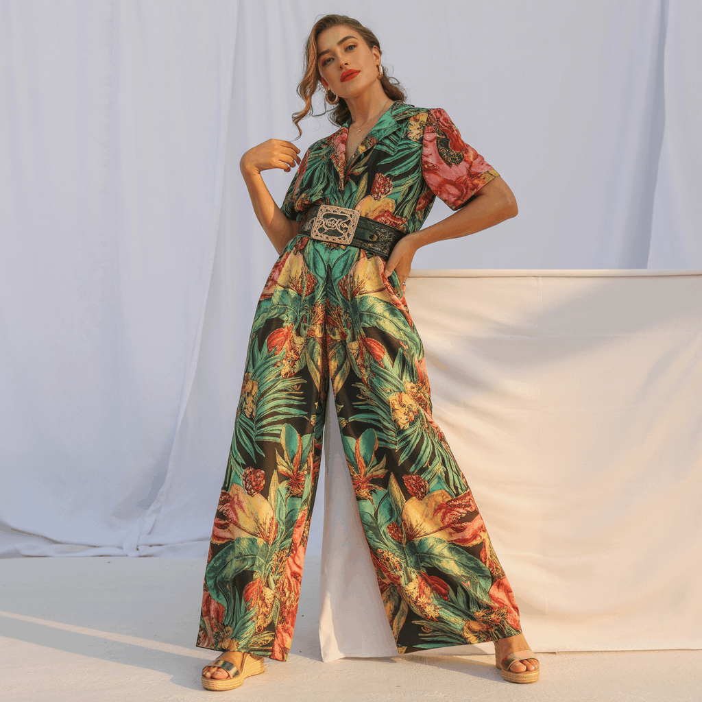 35 Cinco de Mayo Outfit Women Guide: Dress for Your Vibe, Not Just the Holiday 17 Cinco de Mayo Outfit Women Guide featuring a printed wide-leg jumpsuit with a statement belt, bold lip color, and wedge heeled sandals for a striking festive party look