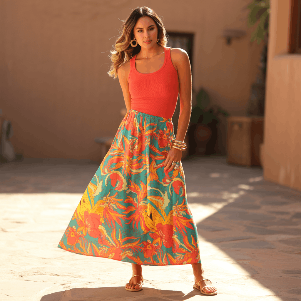 31 Cinco de Mayo Outfits Women Will Love (Because Life's Too Short to Wear Boring Colors) 7 Woman wearing a colorful printed maxi skirt with a fitted ribbed tank, flat sandals, and stacked rings for an easy daytime Cinco de Mayo outfit