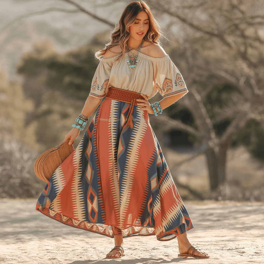 35 Cinco de Mayo Outfit Women Guide: Dress for Your Vibe, Not Just the Holiday 2 Cinco de Mayo Outfit Women Guide featuring a printed wrap skirt, cream peasant blouse, leather belt, sandals, and turquoise jewelry for a boho festive look.