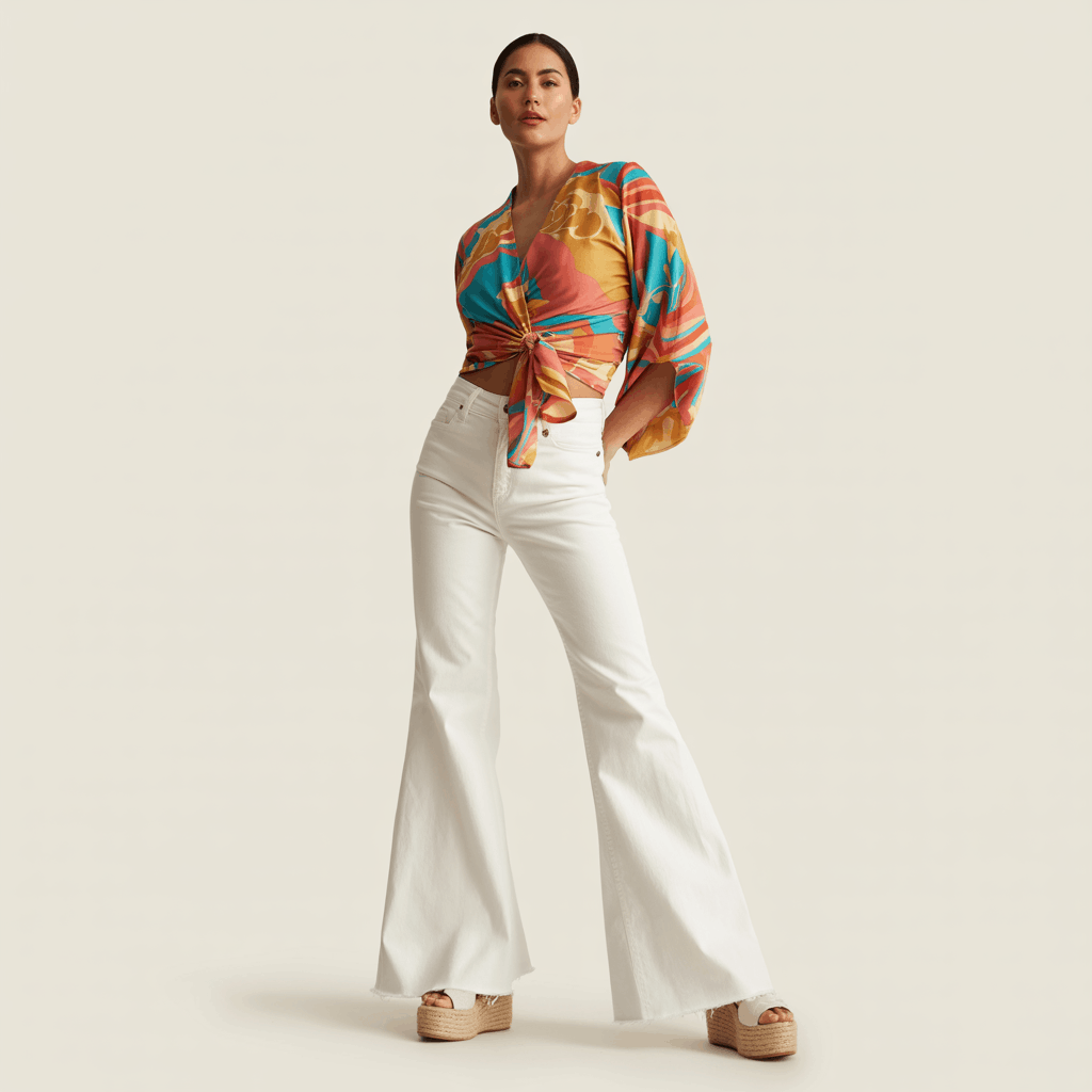 31 Cinco de Mayo Outfits Women Will Love (Because Life's Too Short to Wear Boring Colors) 16 Printed Wrap Top + White Flare Jeans