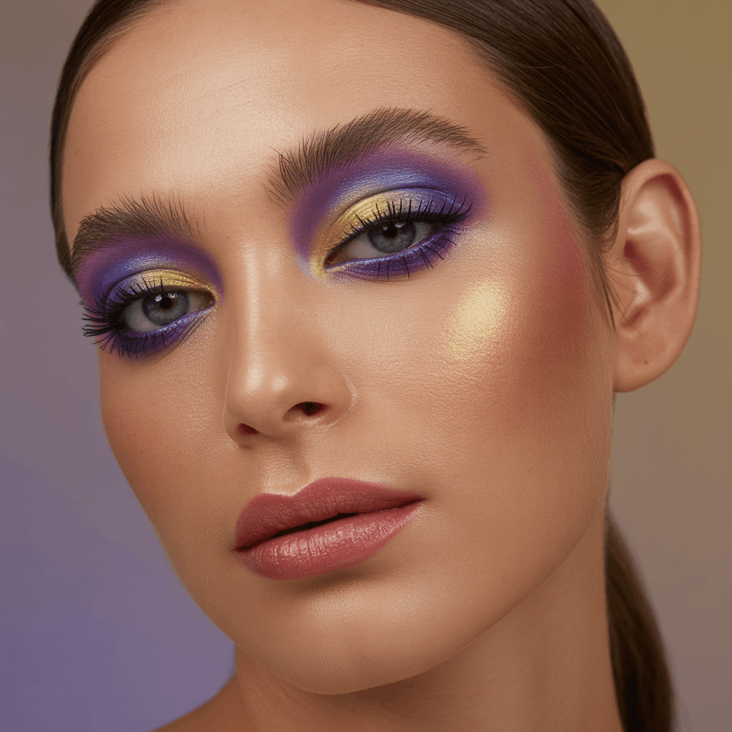Close-up of a woman wearing purple-and-gold duochrome eyeshadow, black waterline liner, volumizing mascara, and a nude or warm mauve lip