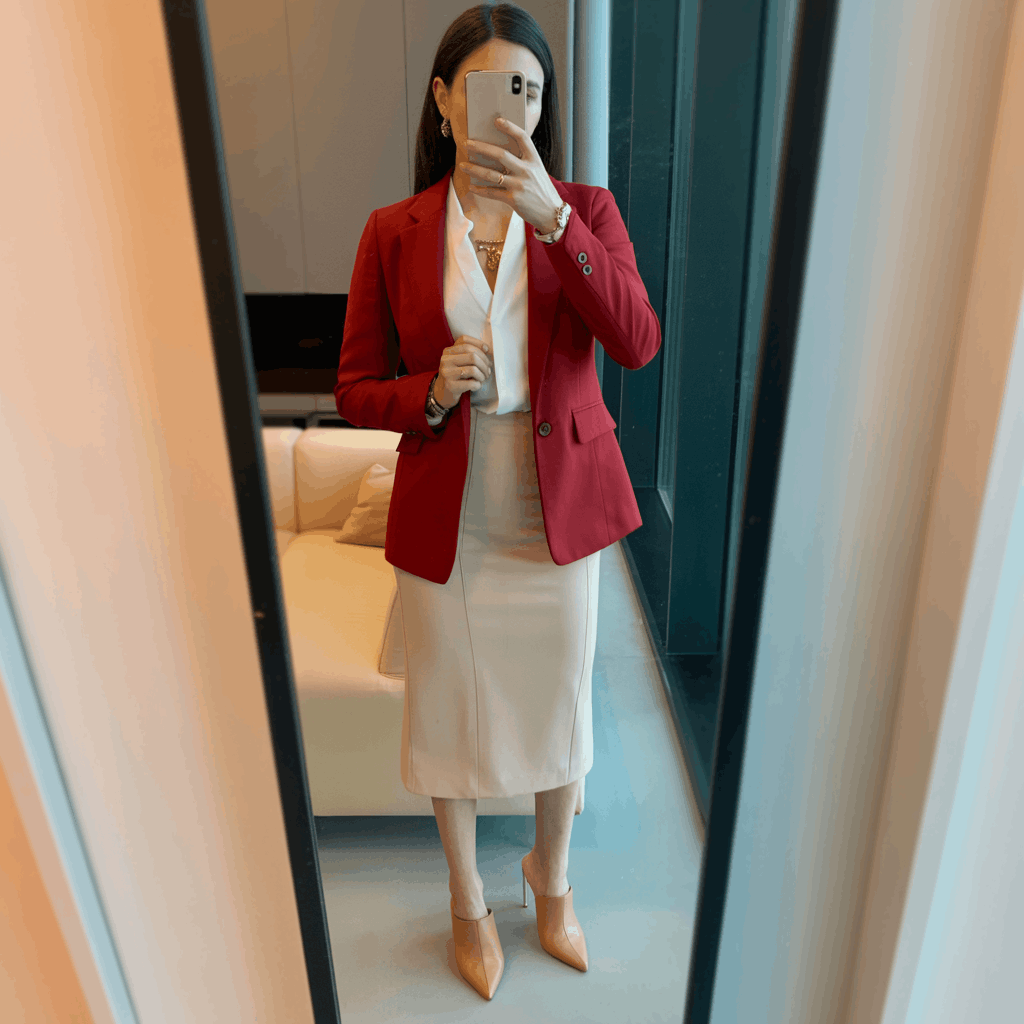 35 Cinco de Mayo Outfit Women Guide: Dress for Your Vibe, Not Just the Holiday 32 Woman wearing a fitted red tailored blazer over a simple blouse with a neutral midi skirt and camel or nude heeled mules for a polished work-to-dinner festive outfit