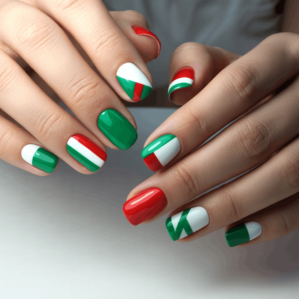 21 Cinco de Mayo Nails Ideas for the Most Stunning Festive Manicure 6 Red, white, and green color block Cinco de Mayo nails with bold glossy polish, graphic festive manicure featuring alternating solid colors and crisp striped details