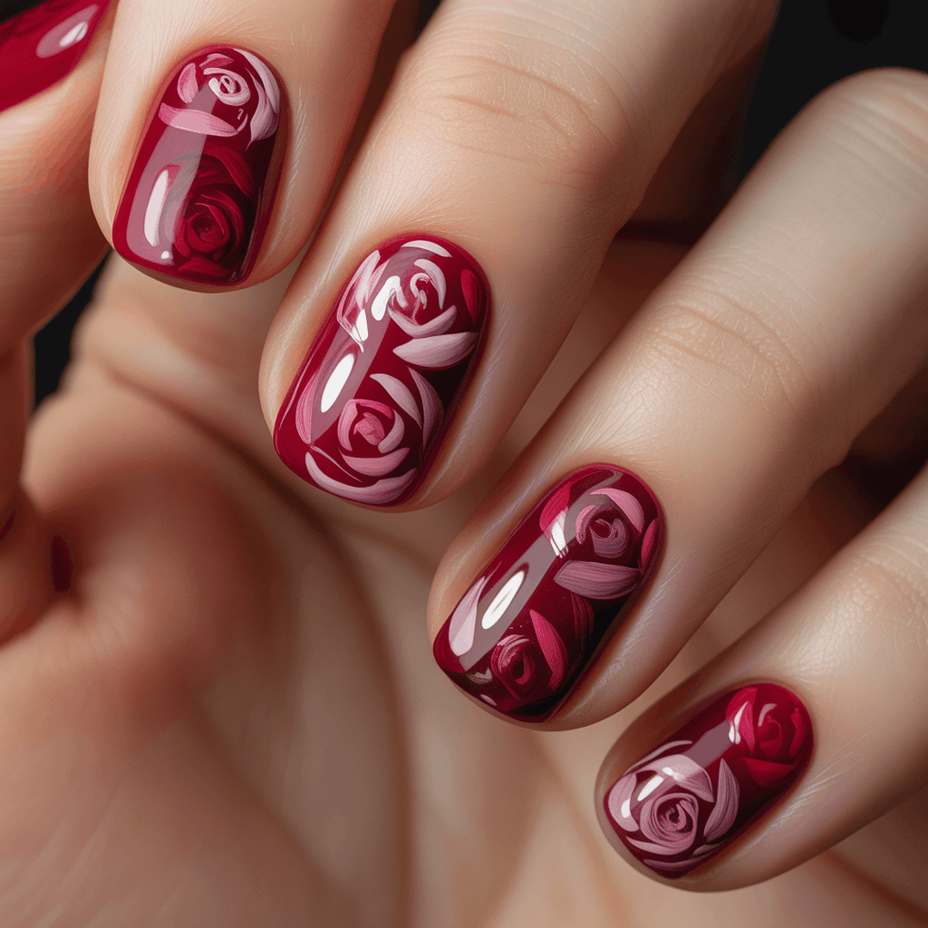21 Cinco de Mayo Nails Ideas for the Most Stunning Festive Manicure 12 Deep red Cinco de Mayo nails with delicate rose nail art, romantic glossy manicure featuring tiny dusty pink floral details on a rich fiesta red base.