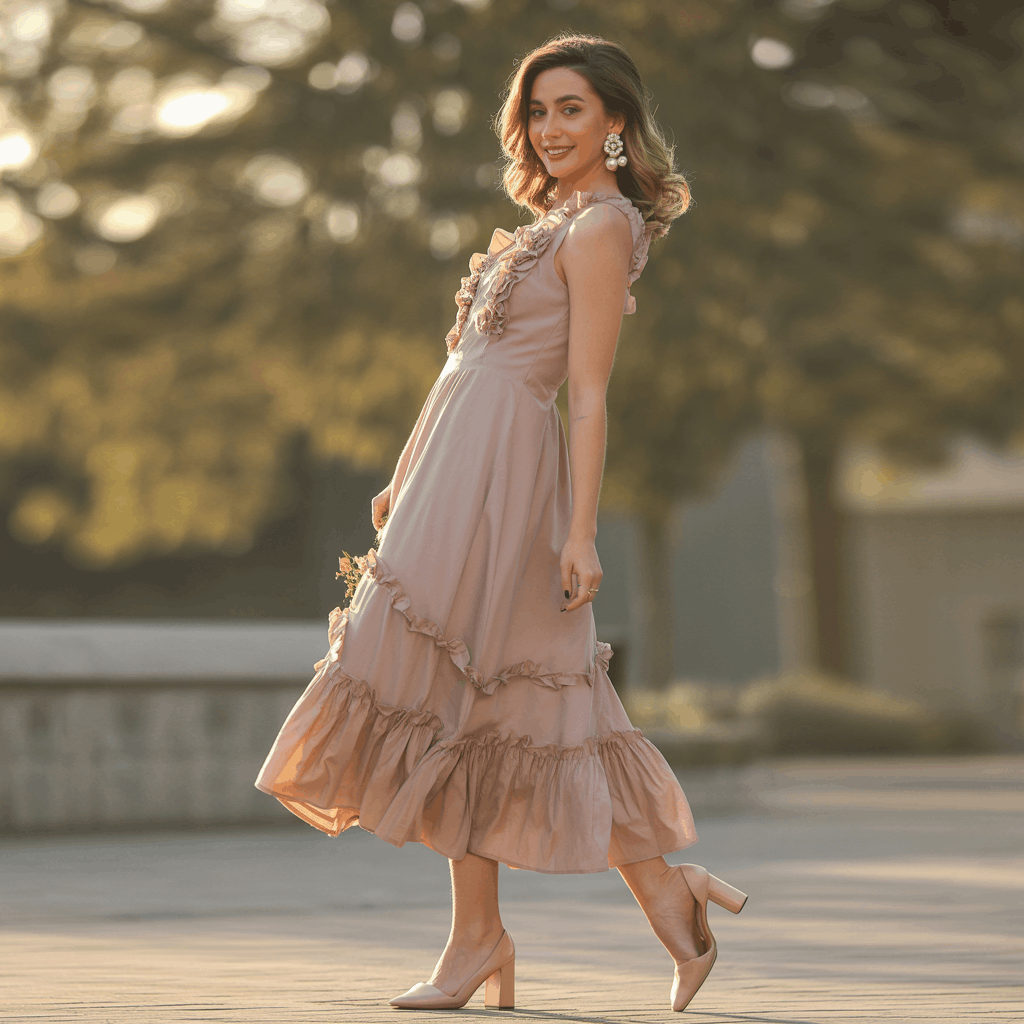 35 Cinco de Mayo Outfit Women Guide: Dress for Your Vibe, Not Just the Holiday 8 Cinco de Mayo Outfit Women Guide featuring a dusty rose ruffle-hem midi dress with subtle floral detailing, nude block heels, and pearl drop earrings for a romantic festive brunch look