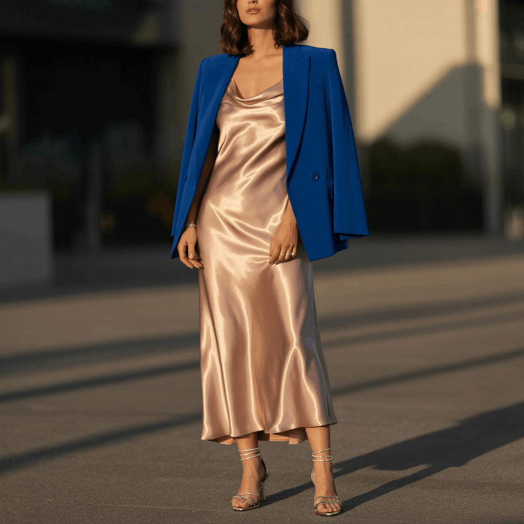 31 Cinco de Mayo Outfits Women Will Love (Because Life's Too Short to Wear Boring Colors) 28 Woman wearing a satin slip dress layered under a bold colored blazer with strappy heeled sandals for an intentionally stylish evening Cinco de Mayo outfit.