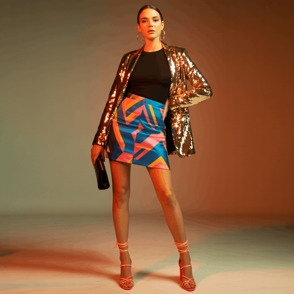 35 Cinco de Mayo Outfit Women Guide: Dress for Your Vibe, Not Just the Holiday 14 Woman wearing a gold or red sequin blazer over a fitted top, a bold geometric-print mini skirt, colorful strappy heels, hoop earrings, and a small clutch for a festive party look