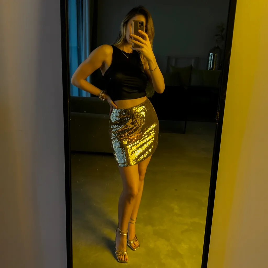 Sequin mini skirt in red, green, or gold paired with a simple fitted crop top and strappy heeled sandals for a glamorous nighttime festive look.