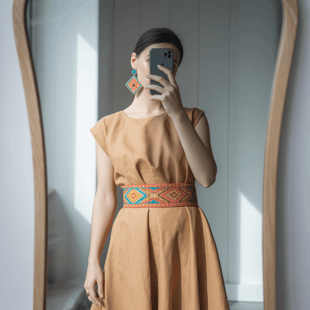 35 Cinco de Mayo Outfit Women Guide: Dress for Your Vibe, Not Just the Holiday 25 Woman wearing a simple A-line linen dress in off-white or beige, styled with a colorful woven belt and one statement accessory for a clean minimalist festive look