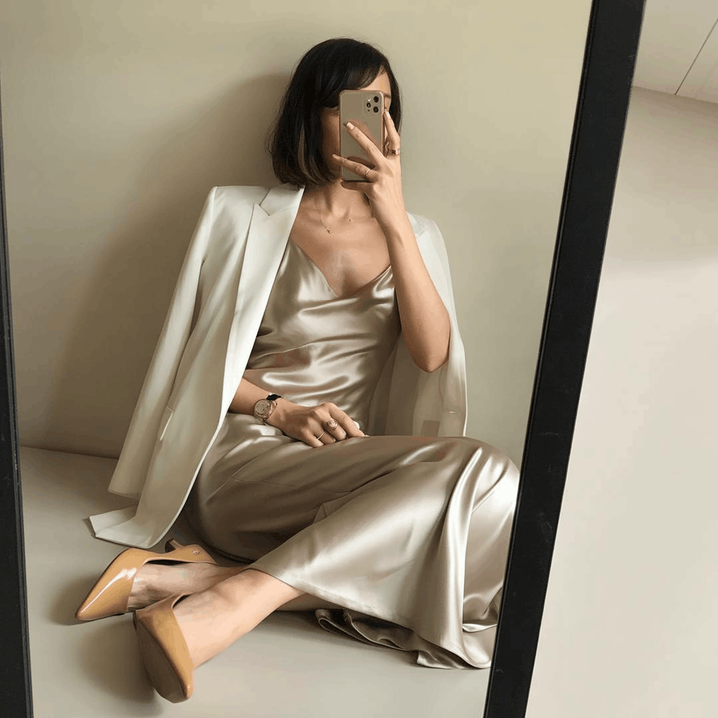 35 Cinco de Mayo Outfit Women Guide: Dress for Your Vibe, Not Just the Holiday 23 Woman wearing a satin slip dress in champagne or blush with a camel or cream blazer, tan pointed-toe flats, and minimal styling for an elegant work-to-evening outfit