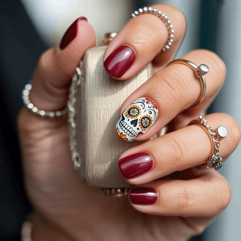 21 Cinco de Mayo Nails Ideas for the Most Stunning Festive Manicure 21 One detailed sugar skull accent nail in black and color on a white base, paired with solid complementary nails for a bold yet minimal Cinco de Mayo statement.