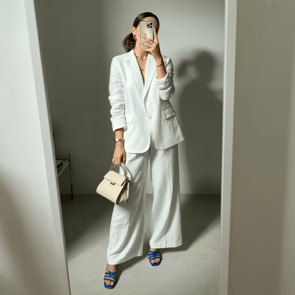 35 Cinco de Mayo Outfit Women Guide: Dress for Your Vibe, Not Just the Holiday 20 Woman wearing a tailored white linen suit with wide-leg trousers, colorful red or cobalt sandals, minimal gold jewelry, sleek hair, and a small structured bag for an elegant festive look.