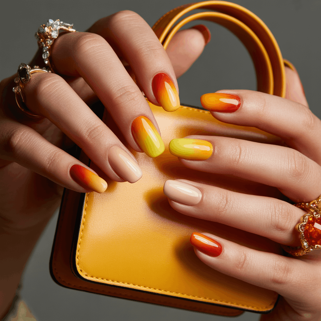 21 Cinco de Mayo Nails Ideas for the Most Stunning Festive Manicure 20 Ombre nails fading from deep orange at the base to bright yellow and pale gold at the tips, inspired by a tequila sunrise.