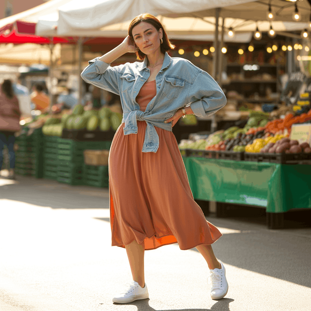 31 Cinco de Mayo Outfits Women Will Love (Because Life's Too Short to Wear Boring Colors) 5 Woman wearing a terracotta sundress with a denim jacket tied at the waist and white sneakers for a casual Cinco de Mayo daytime outfit