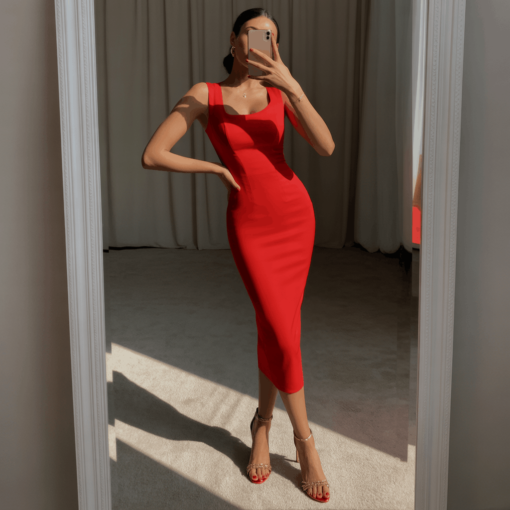 Bold red midi or mini dress styled with strappy gold heels and a red lip for a confident, standout festive look