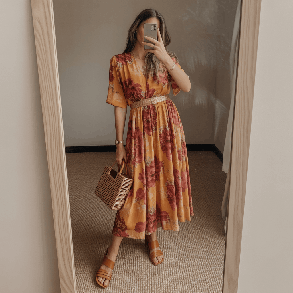 Cinco de Mayo Outfit Women Guide featuring a colorful printed blouse tucked into tailored neutral wide-leg trousers with pointed-toe flats or low block heels for a polished work-to-party look.