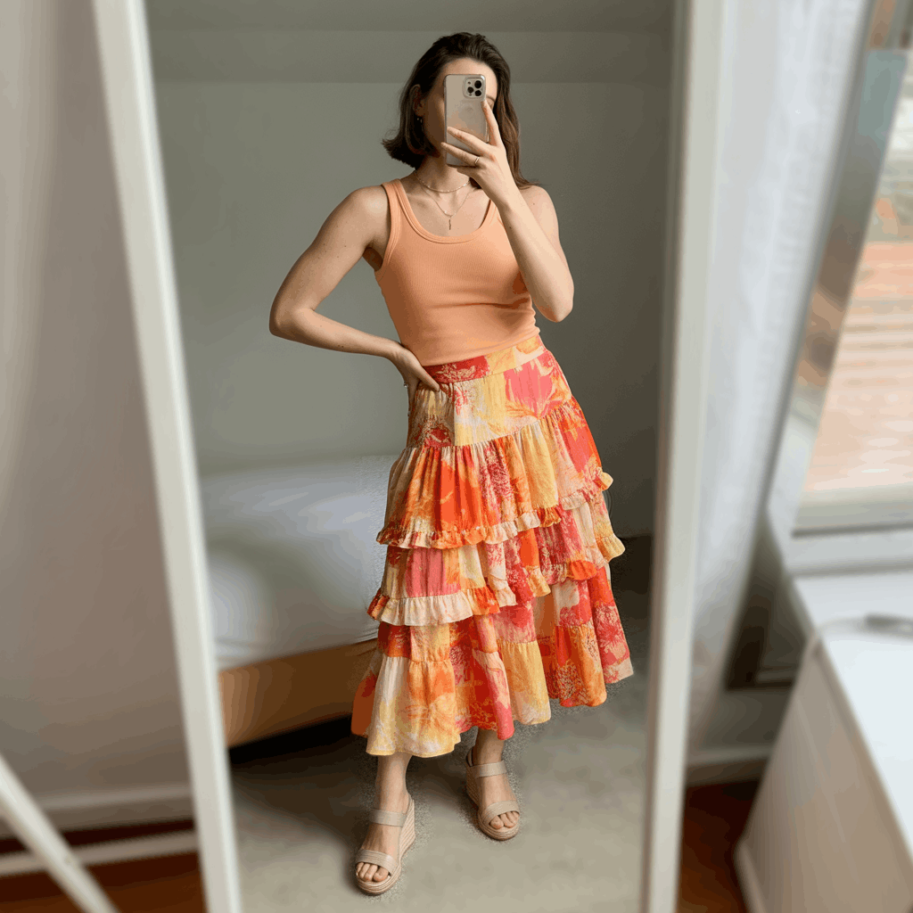Tiered ruffle skirt in a warm floral print paired with a fitted white tank, wedge sandals, and a lightweight linen kimono for a colorful, comfortable festive look