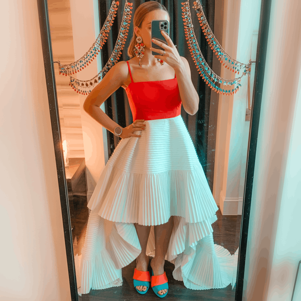 Woman wearing a two-tone ruffle dress with a red bodice and contrasting ruffled skirt, styled with colorful heeled mules and chandelier earrings for a dramatic festive party look