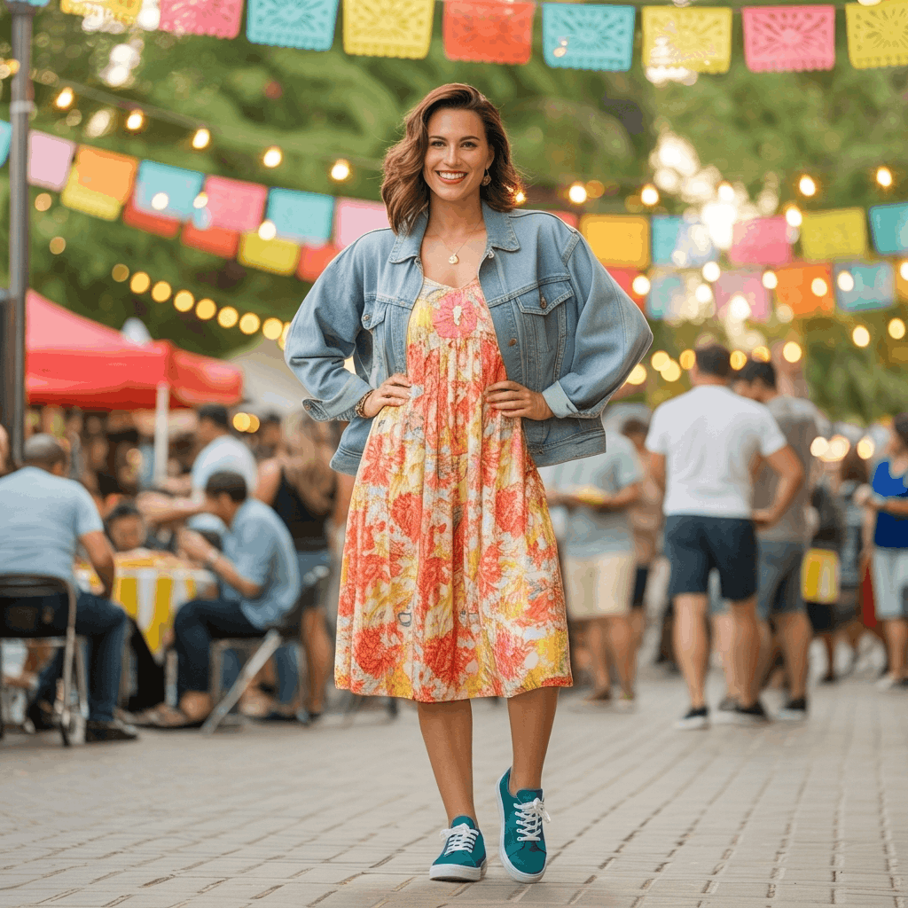 31 Cinco de Mayo Outfits Women Will Love (Because Life's Too Short to Wear Boring Colors) 19 Woman wearing a vibrant sundress with a light-wash jean jacket and colorful sneakers for a versatile outdoor Cinco de Mayo outfit.