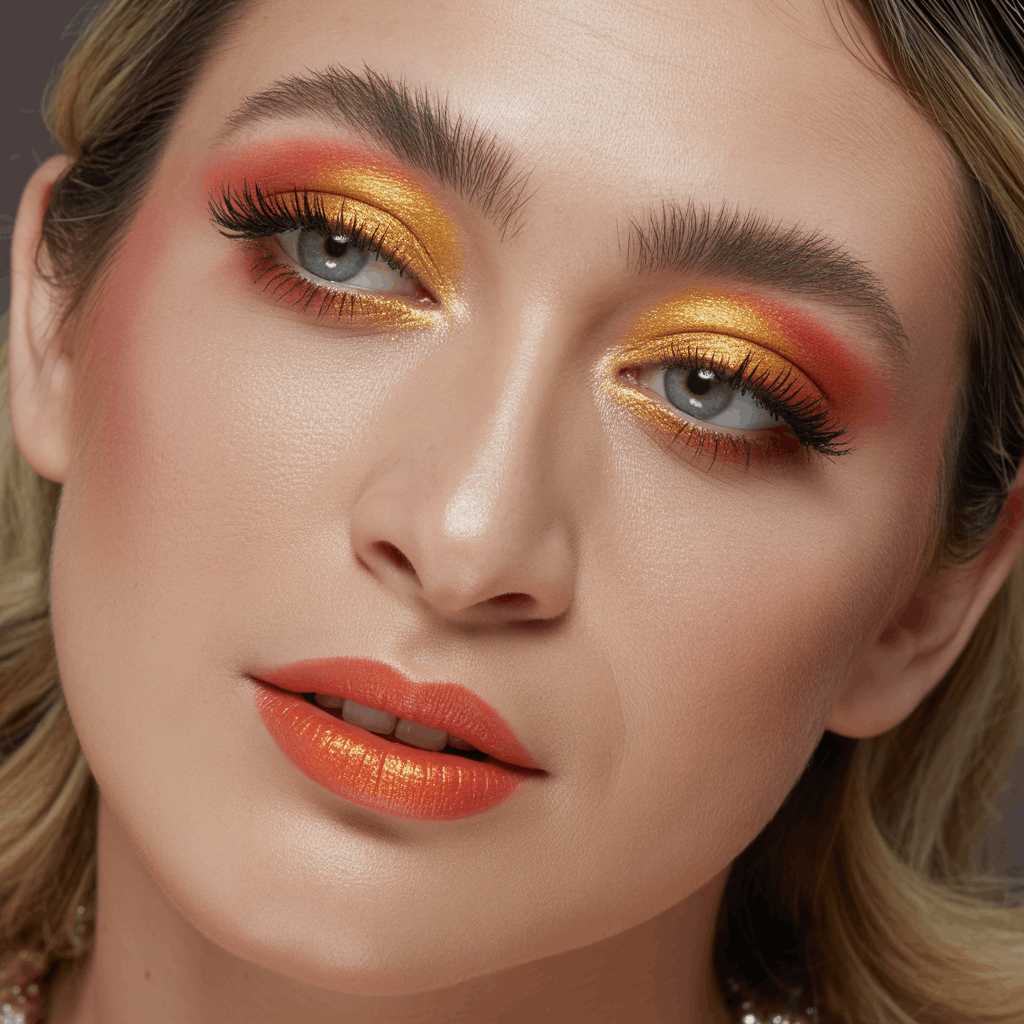 Close-up of a woman wearing warm gold shimmer eyeshadow, copper inner corners, lengthening mascara, and a coral lip