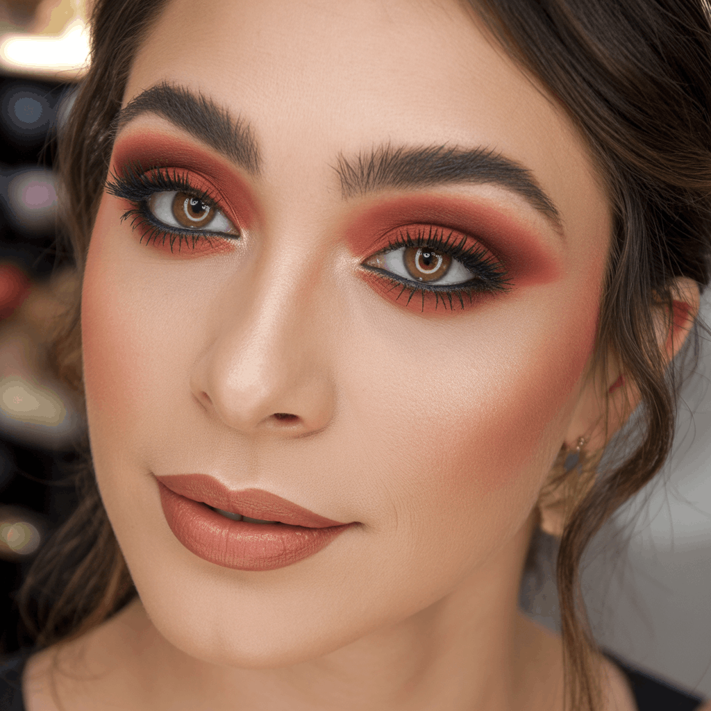 Close-up of a woman wearing a warm rust and deep brown smoky eye with smudged lower liner, full mascara, and a warm nude lip