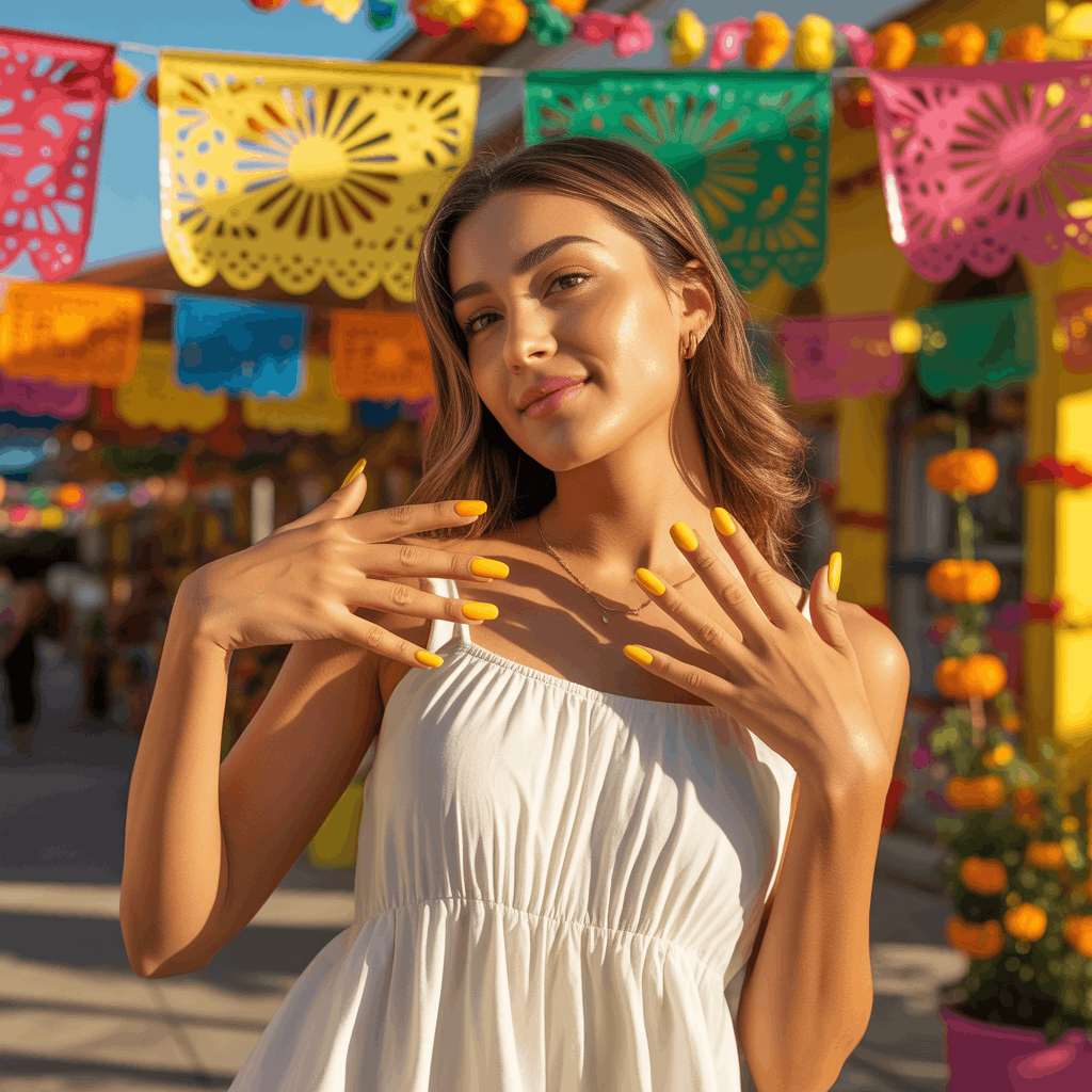 21 Cinco de Mayo Nails Ideas for the Most Stunning Festive Manicure 5 Sunshine yellow Cinco de Mayo nails with a glossy warm golden finish, bright cheerful manicure creating a bold festive summer look