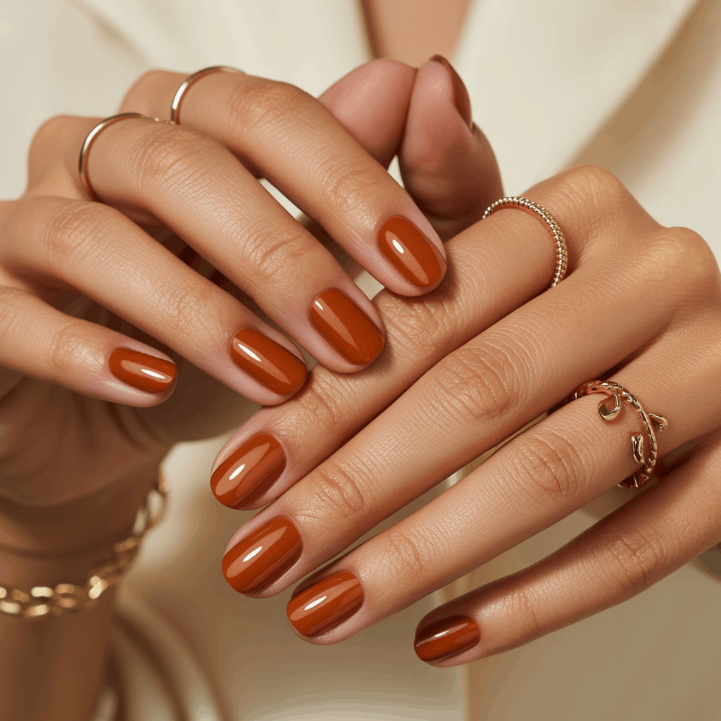 21 Cinco de Mayo Nails Ideas for the Most Stunning Festive Manicure 4 Terracotta Cinco de Mayo nails with warm earthy polish, elegant glossy manicure paired with gold jewelry and soft neutral makeup for a chic festive look.