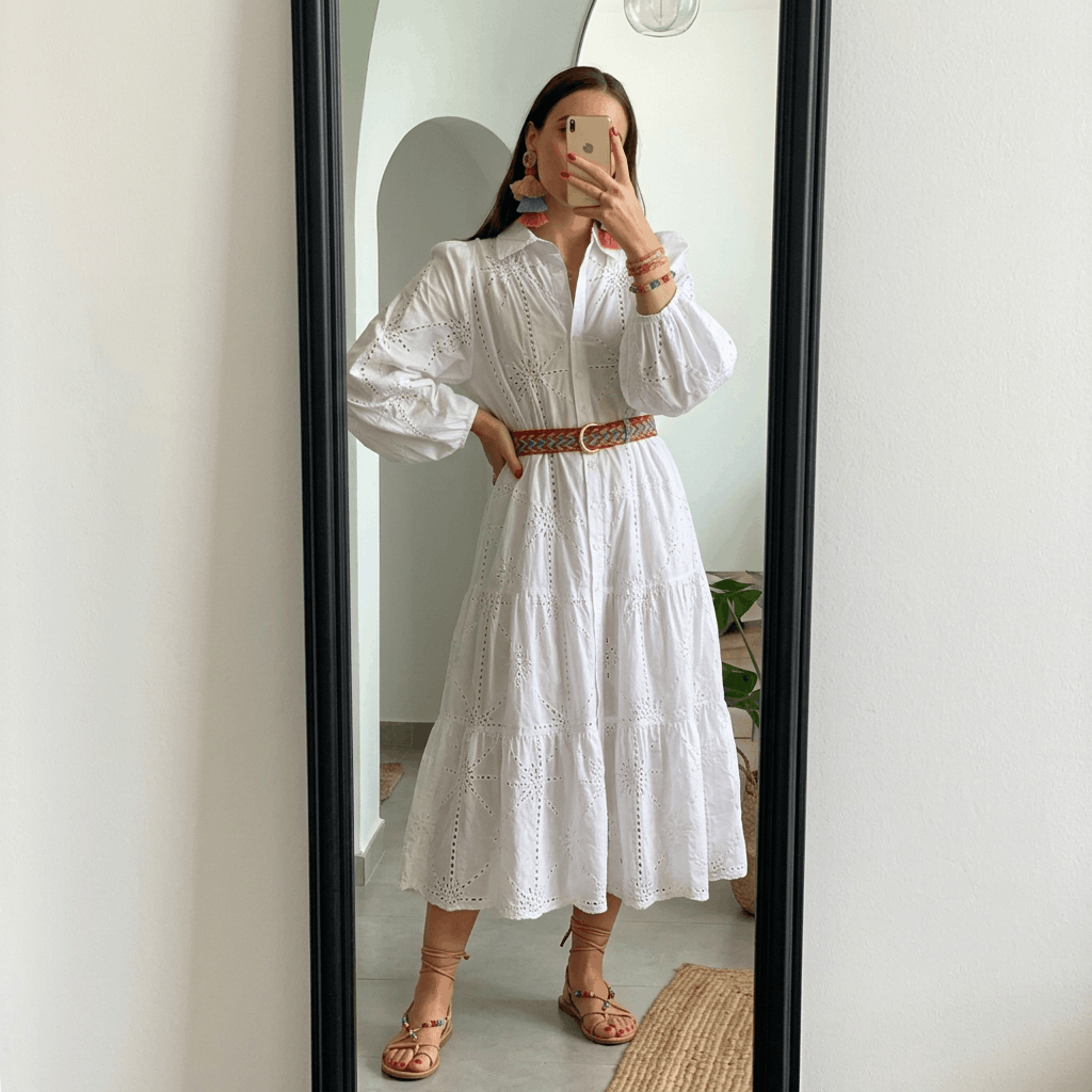 White broderie anglaise dress styled with colorful tassel earrings, a bright woven belt, red lip, and breezy festive accessories for a fresh May look