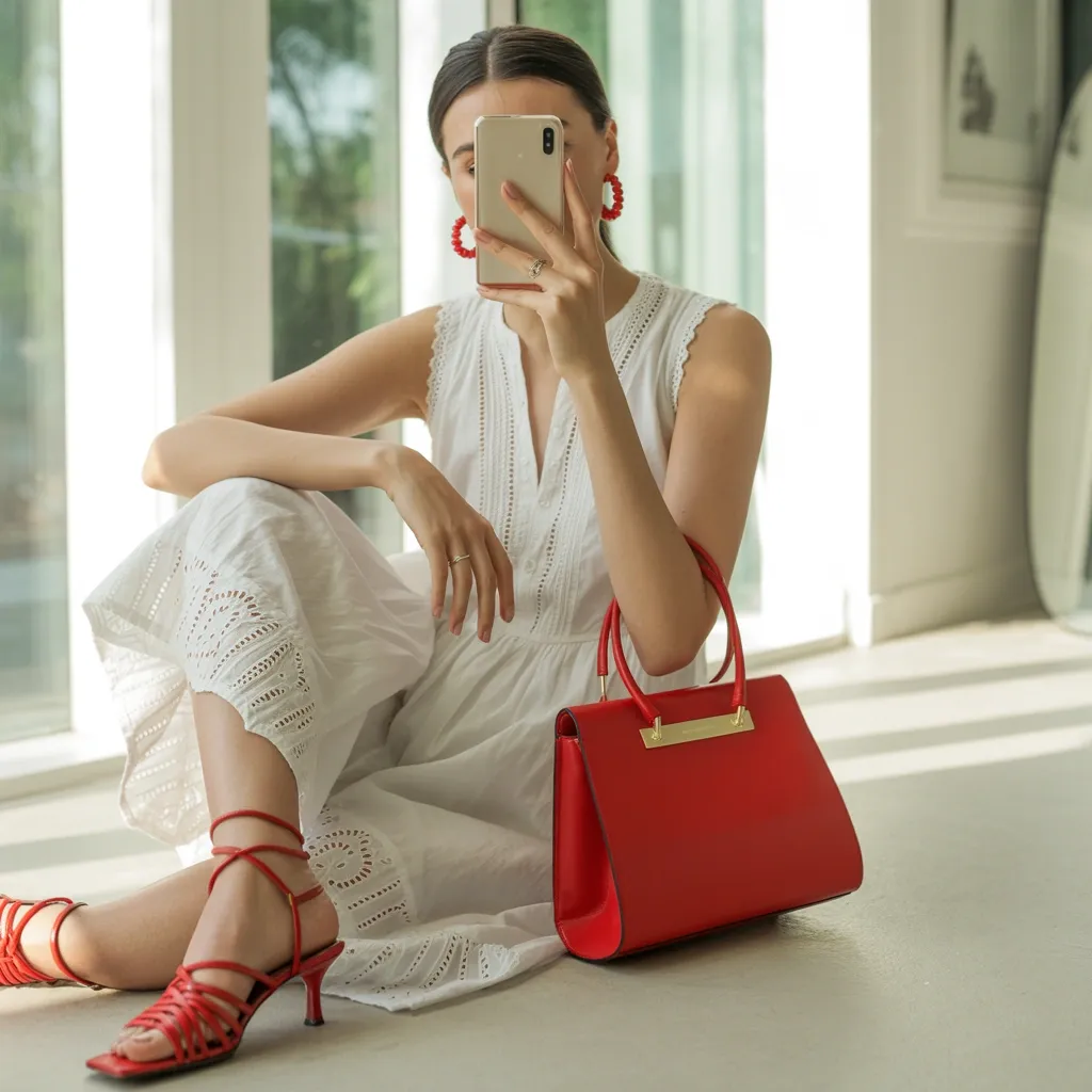 White eyelet dress styled with bold red heeled sandals, a red structured bag, and red hoop earrings for a romantic, photogenic festive look