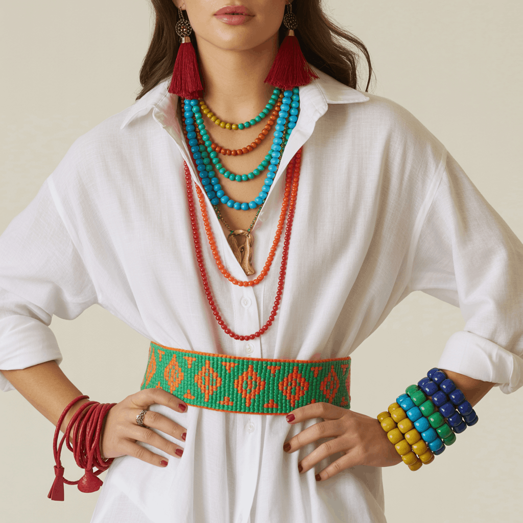 Woman wearing a white linen shirt dress styled with layered colorful beaded necklaces, a bright woven belt, strappy sandals, and tassel earrings.