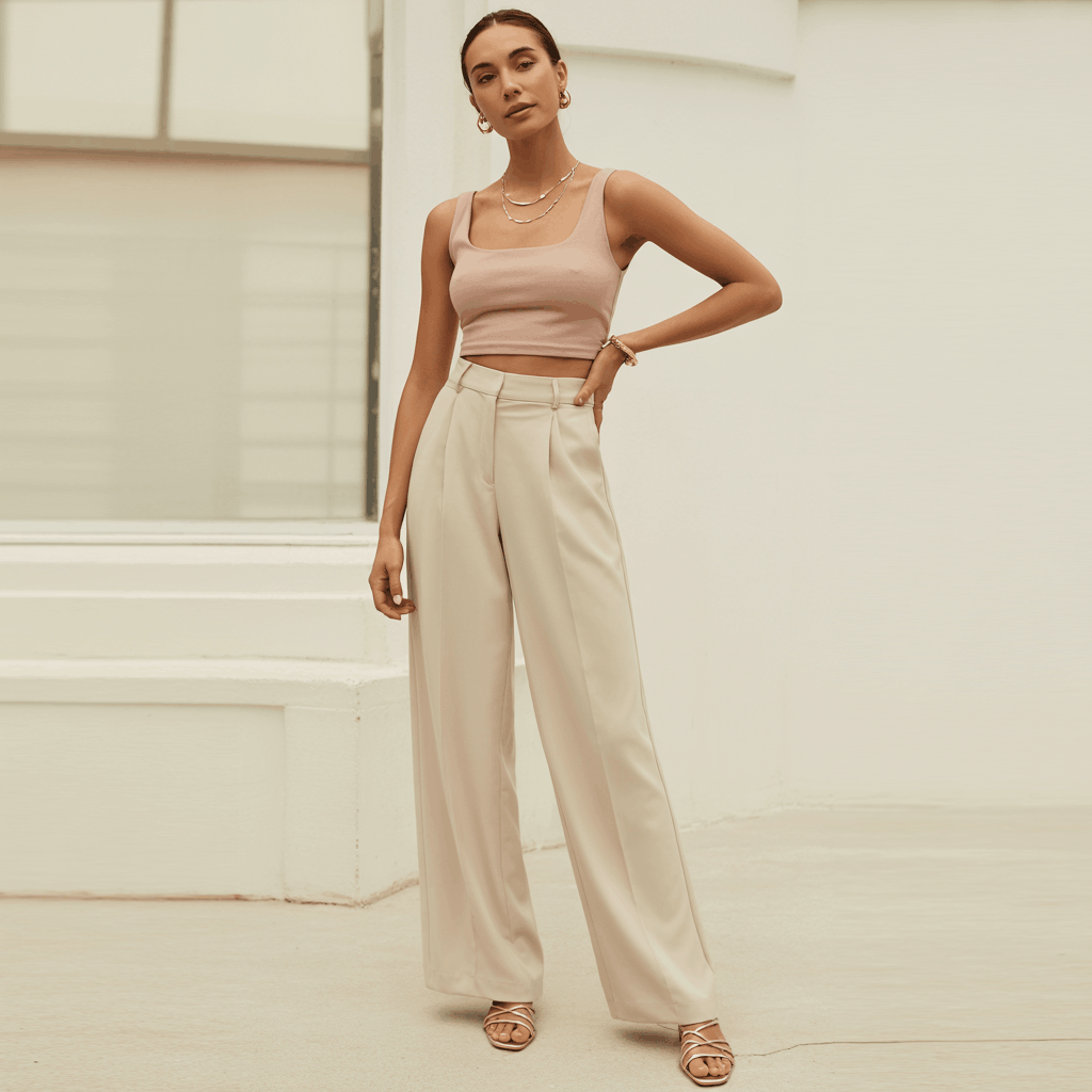 35 Cinco de Mayo Outfit Women Guide: Dress for Your Vibe, Not Just the Holiday 22 Woman wearing cream high-waisted wide-leg trousers with a soft solid crop top, barely-there strappy sandals, delicate layered necklace, and small gold studs for a clean minimalist brunch look.