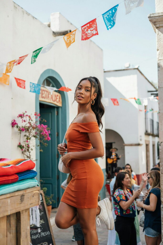 Burnt orange off-shoulder mini dress on deep brown skin styled with white chunky sneakers, gold hoops, and a white shoulder bag for a casual Cinco de Mayo outfit.