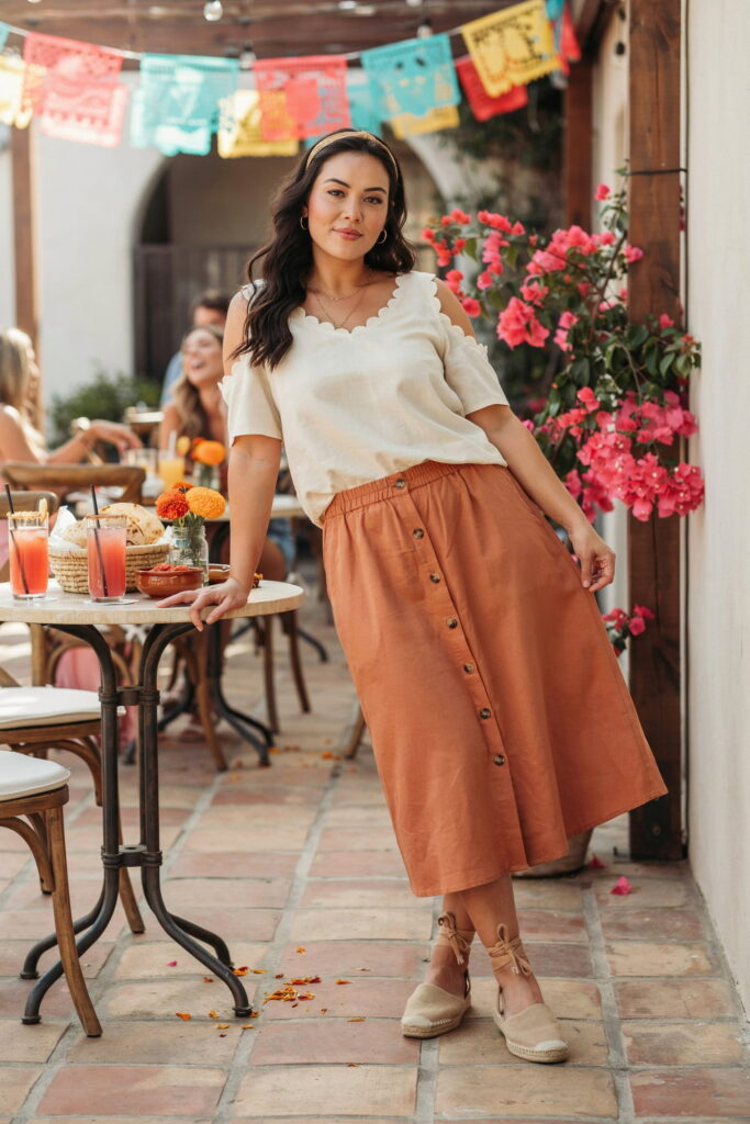 23 Plus Size Cinco de Mayo Outfit Ideas for the Cutest Fiesta Look Ever 8 Plus-size woman wearing a terracotta button-front linen midi skirt with a white cold shoulder top and espadrille wedges, creating a chic and comfortable Cinco de Mayo brunch outfit.