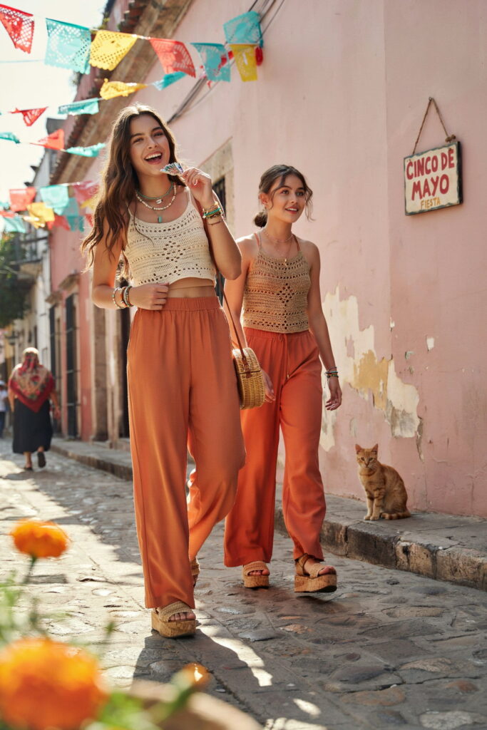 21 Cinco de Mayo Outfit Ideas for Teens That Look Cute and Seriously Trendy 7 Teen wearing a cream crochet crop top over a bandeau with coral wide-leg pants, platform sandals, and shell jewelry for a boho Cinco de Mayo outfit.