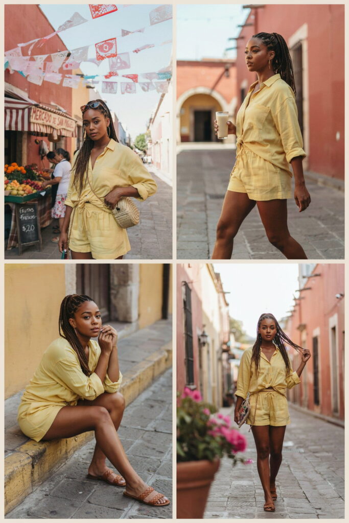 cinco de mayo outfit black women electric yellow linen coord brown sandals