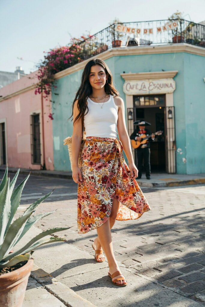 21 Cinco de Mayo Outfit Ideas for Teens That Look Cute and Seriously Trendy 6 Teen wearing a bold floral wrap midi skirt in warm sunset tones with a fitted white tank, flat leather sandals, and gold hoop earrings for a stylish Cinco de Mayo outfit