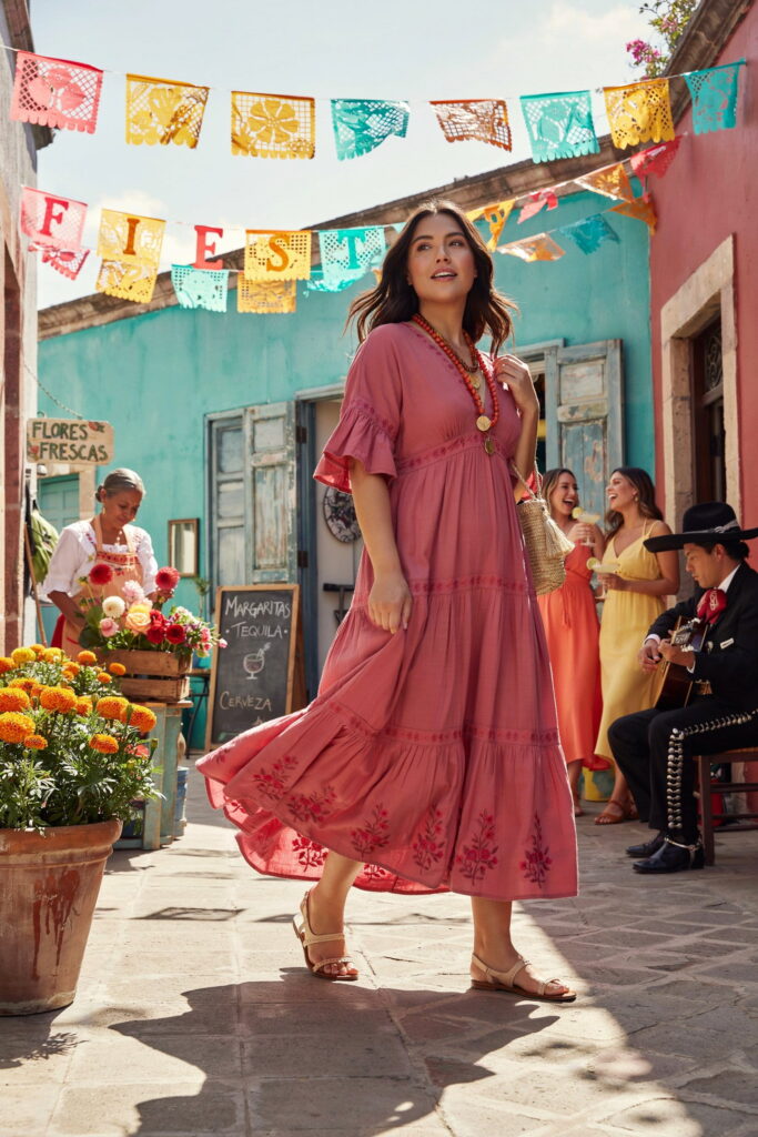 23 Plus Size Cinco de Mayo Outfit Ideas for the Cutest Fiesta Look Ever 4 Plus-size woman wearing a warm fuchsia flowy boho maxi dress with flat leather thong sandals and stacked red and gold bead necklaces, creating a comfortable and stylish Cinco de Mayo outfit for an outdoor fiesta.