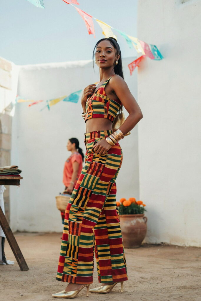 Multicolor Kente-inspired print crop top and wide-leg trouser co-ord with gold pointed-toe mules, stacked gold bangles, and a red lip for a vibrant Cinco de Mayo outfit for Black women