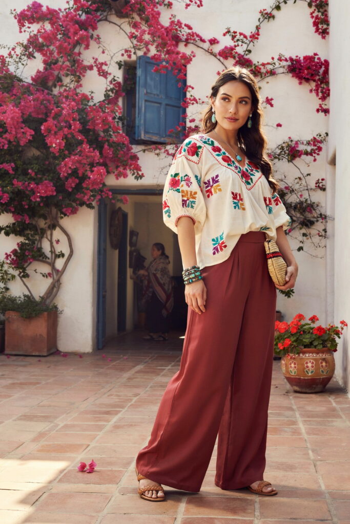 Cinco de mayo outfit ideas for curvy women palazzo pants embroidered peasant blouse