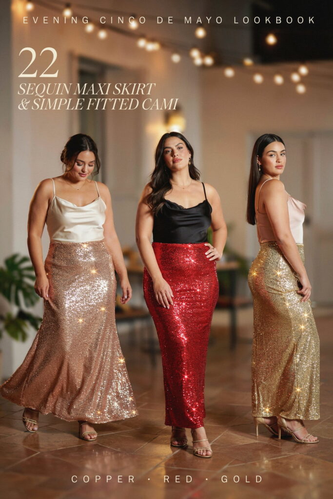 23 Plus Size Cinco de Mayo Outfit Ideas for the Cutest Fiesta Look Ever 26 Woman wearing a gold sequin maxi skirt with a fitted satin cami and gold strappy heels, creating an elegant and glamorous plus-size Cinco de Mayo evening outfit.