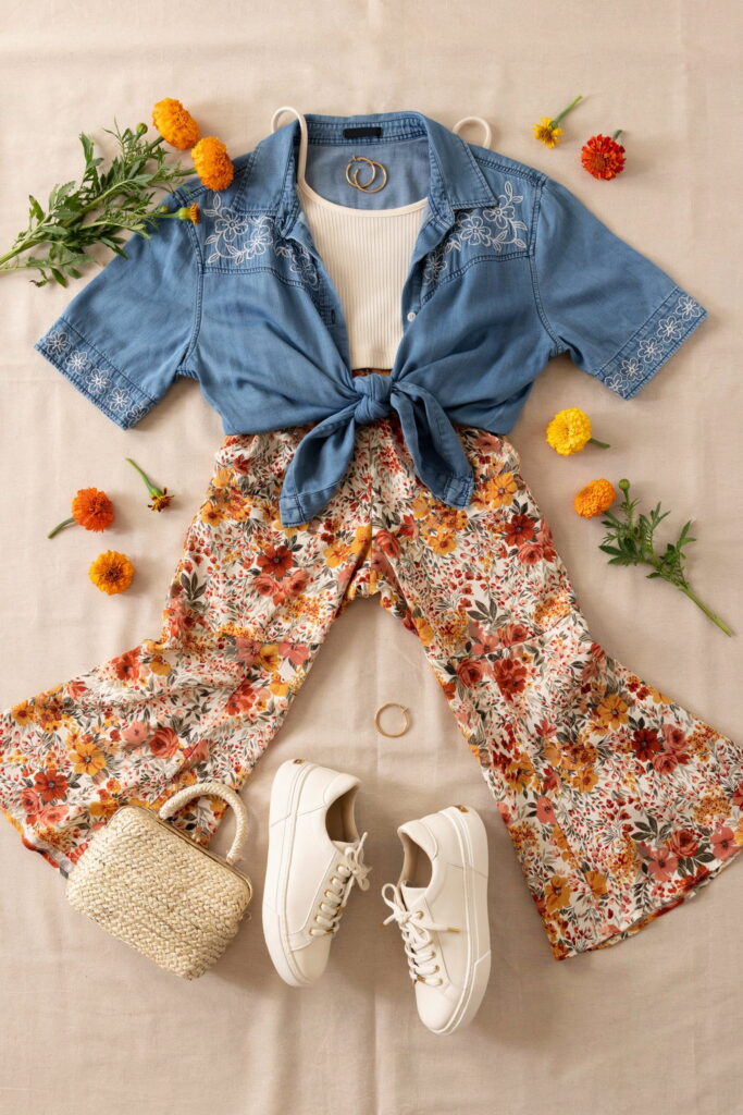 21 Cinco de Mayo Outfit Ideas for Teens That Look Cute and Seriously Trendy 22 Teen wearing a tied embroidered denim shirt over a fitted cami with warm-toned floral flare pants, platform sneakers, and thin gold hoop earrings for a retro Cinco de Mayo outfit.