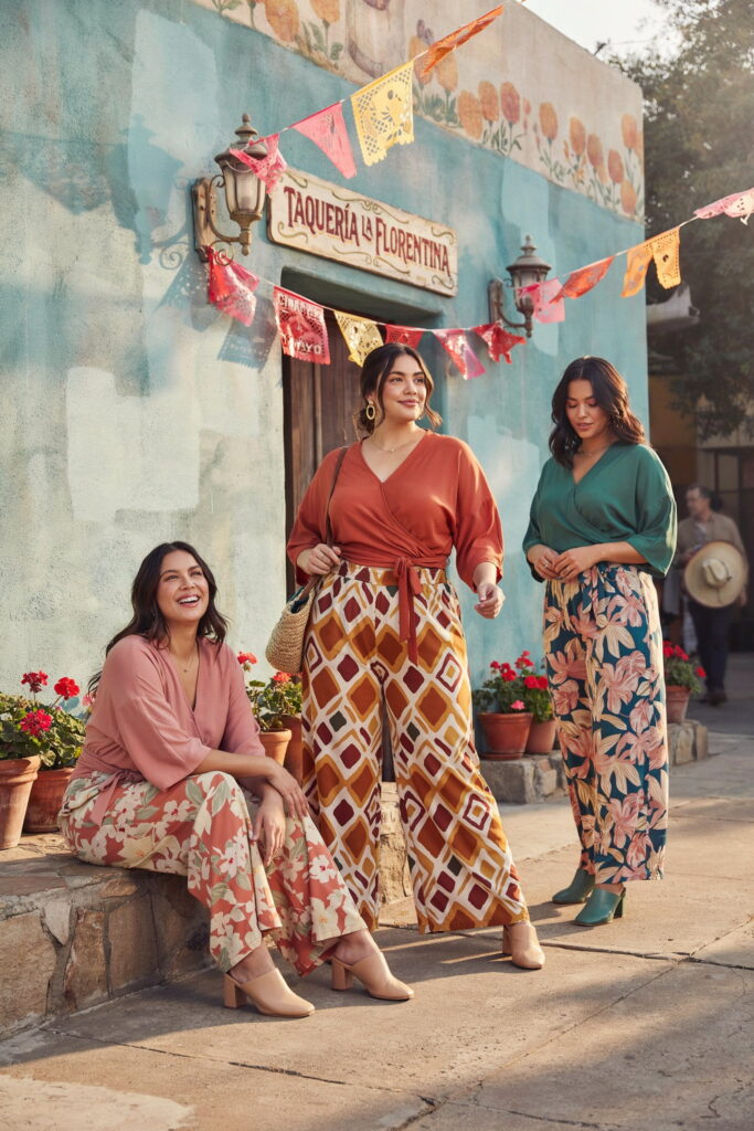23 Plus Size Cinco de Mayo Outfit Ideas for the Cutest Fiesta Look Ever 5 Plus-size woman wearing a solid wrap blouse with bold printed palazzo pants and block-heeled mules, creating a flattering and stylish Cinco de Mayo outfit for a restaurant celebration or evening party.